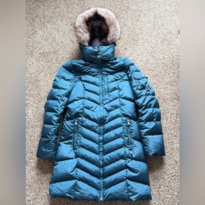 Eddie Bauer Sun Valley Teal Down Parka Women’s S Hooded Puffer Coat Faux Fur